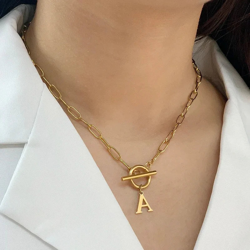 Paperclip Chain Initial & Circle Lock Necklace | Gold