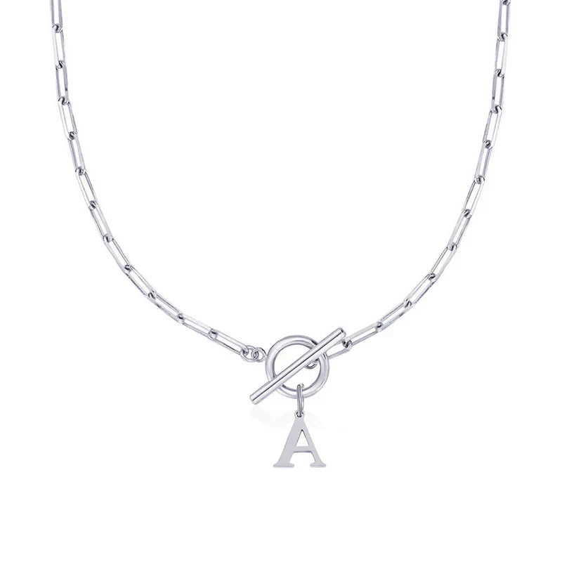 Paperclip Chain Initial & Circle Lock Necklace | Gold