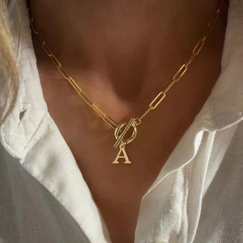 Paperclip Chain Initial & Circle Lock Necklace | Gold