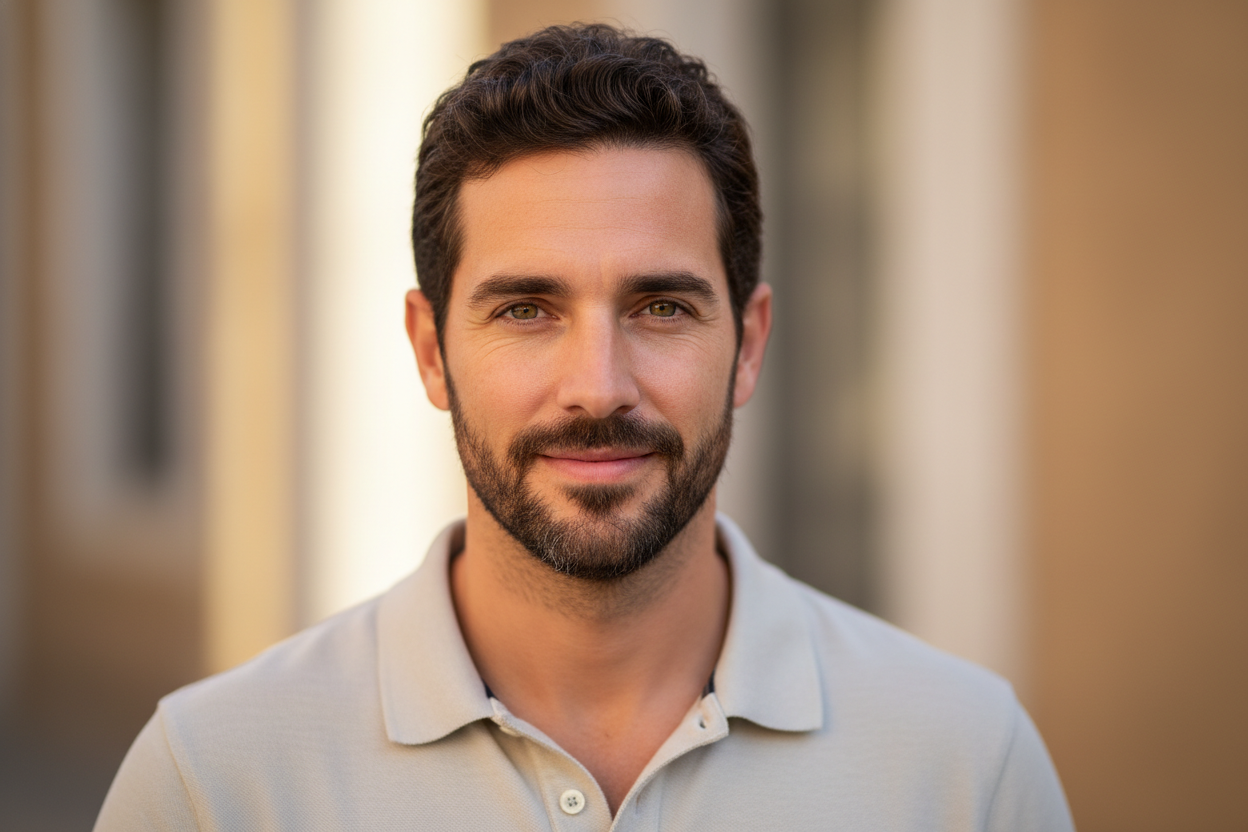 Ultra-realistic portrait of a Spanish man named Tomás, early 30s, with a kind and confident expression. He has short wavy dark brown hair, a neatly groomed beard, olive-toned skin, and warm hazel eyes. The lighting is soft and golden, evoking a Mediterranean feel. He is wearing a casual light shirt or polo, smiling naturally as if posing for a customer review profile. The background is softly blurred in warm neutral tones to maintain a professional yet friendly look.
Style: Photorealistic, high detail, natu