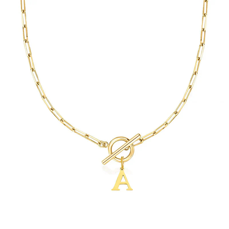 Paperclip Chain Initial & Circle Lock Necklace | Gold
