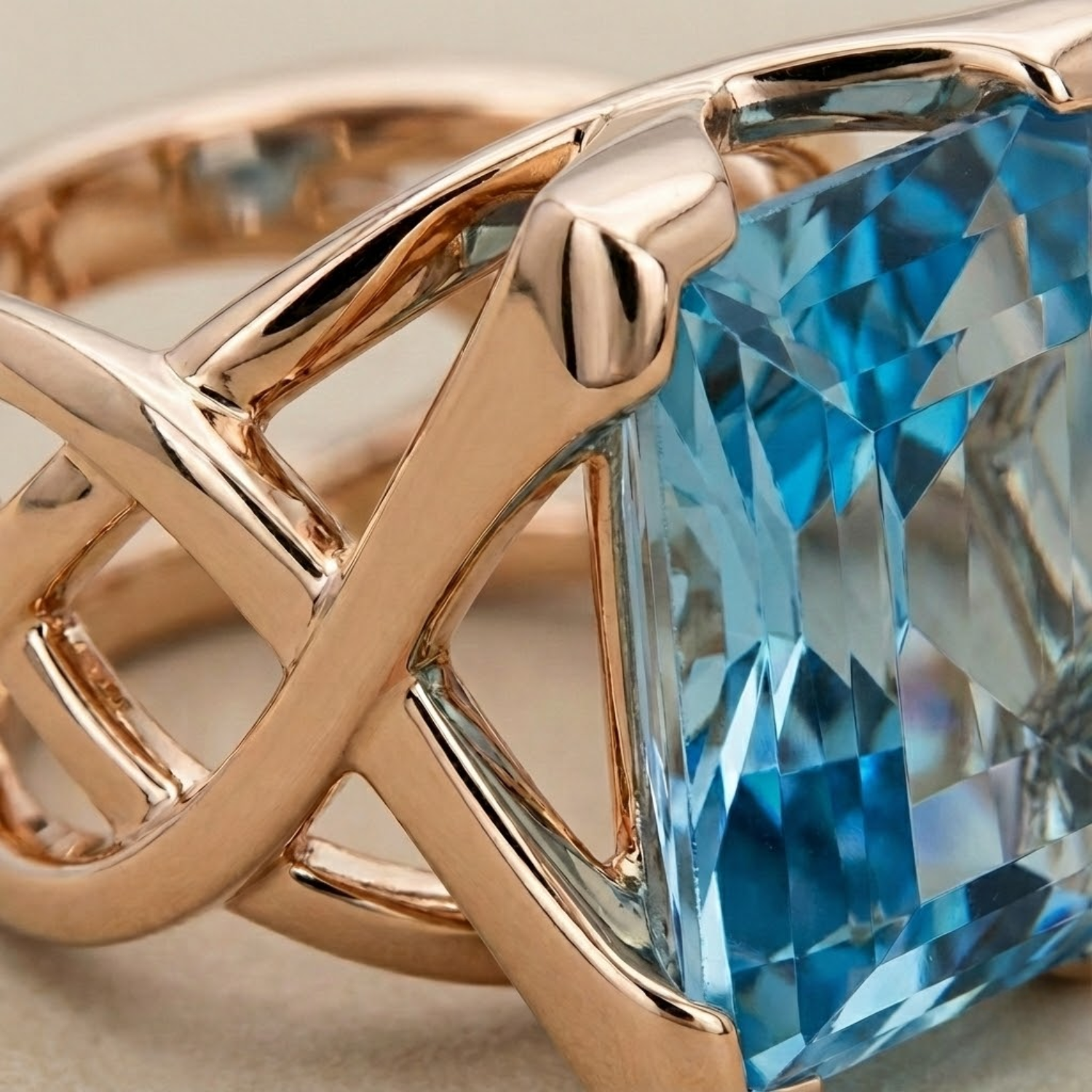 Anillo vintage de oro rosa con circonia azul