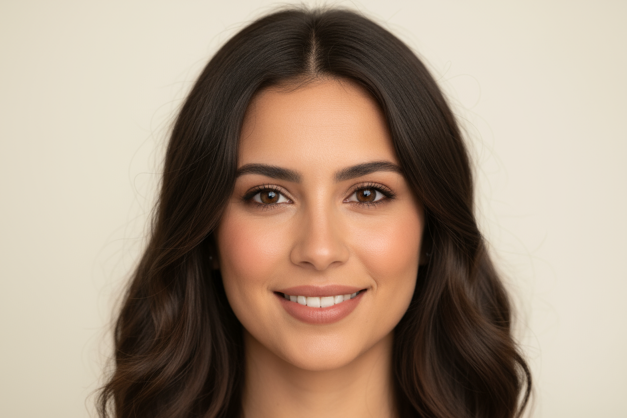 A portrait photo of a Spanish woman in her late 20s, with warm olive skin, dark brown hair, and expressive brown eyes. She has a friendly and confident smile, natural makeup, and Mediterranean features. The lighting is soft and bright, studio-style, with a clean neutral background. Only her face and shoulders are visible.