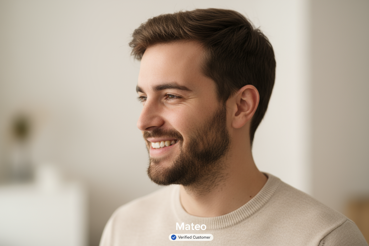 Generate a realistic profile avatar of a young Spanish man named Mateo. He has short brown hair, a light beard, and a friendly, confident expression. His style is casual yet refined — for example, wearing a neutral-colored shirt or light sweater. The background should be softly blurred or in warm, neutral tones to keep the focus on his face. Use soft, natural lighting to convey warmth, reliability, and authenticity — ideal for a verified customer review on a fashion store.