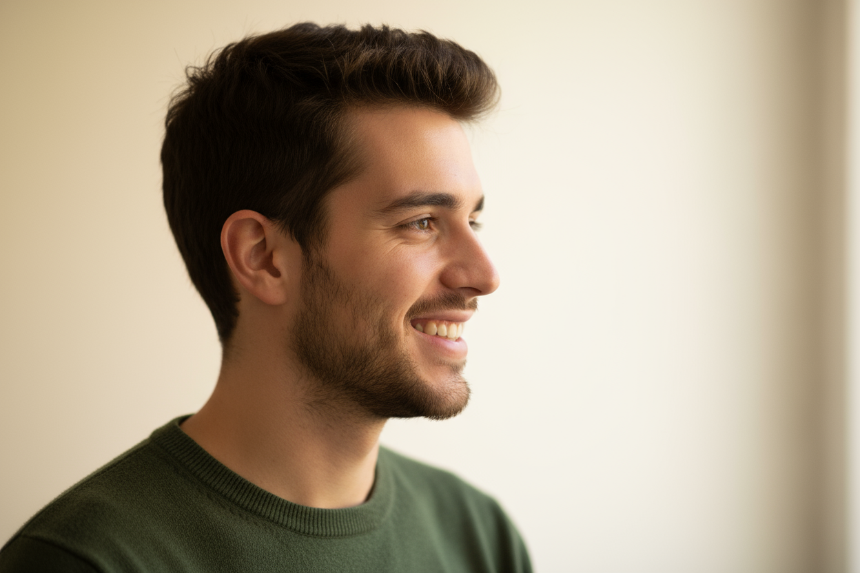 Generate a realistic profile avatar of a young Spanish man named Pedro. He has short dark brown hair, light facial hair, and a friendly expression. His look is casual yet well-groomed, wearing a simple shirt or sweater that fits a modern fashion or lifestyle brand. The background should be neutral or softly blurred to maintain focus on his face. Use warm, natural lighting to create a trustworthy and genuine appearance.