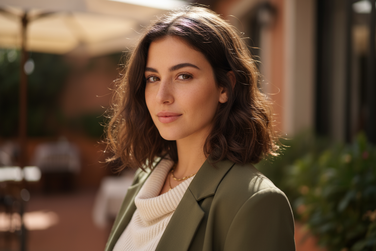 Generate a realistic profile avatar of a young Spanish woman named Camila. She has medium-length dark hair and a calm, confident expression with a subtle smile. Her look is elegant yet natural, dressed in casual chic clothing that suits a modern lifestyle or fashion brand. The background should be softly blurred or neutral to emphasize her face. Use warm, soft lighting for a friendly, trustworthy, and stylish appearance — ideal for a verified customer review photo.