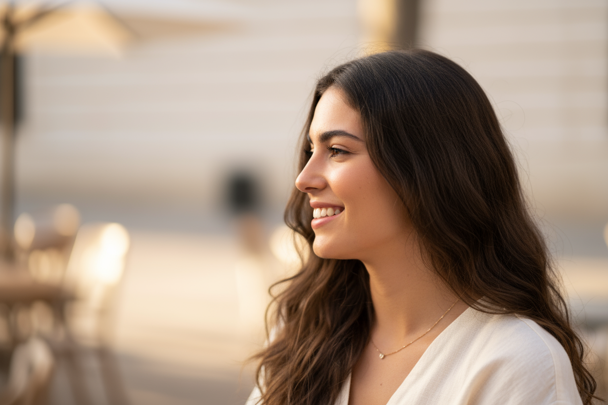 Generate a realistic profile avatar of a young Spanish woman named Isabella. She has long dark brown hair and a bright, friendly smile. Her look is feminine and stylish, with a touch of natural elegance — perfect for a modern fashion customer. She wears light, casual clothing, and the background should be softly blurred or in neutral tones to make her stand out. Use warm, natural lighting to highlight her positivity and confidence, creating a trustworthy and authentic customer review photo.