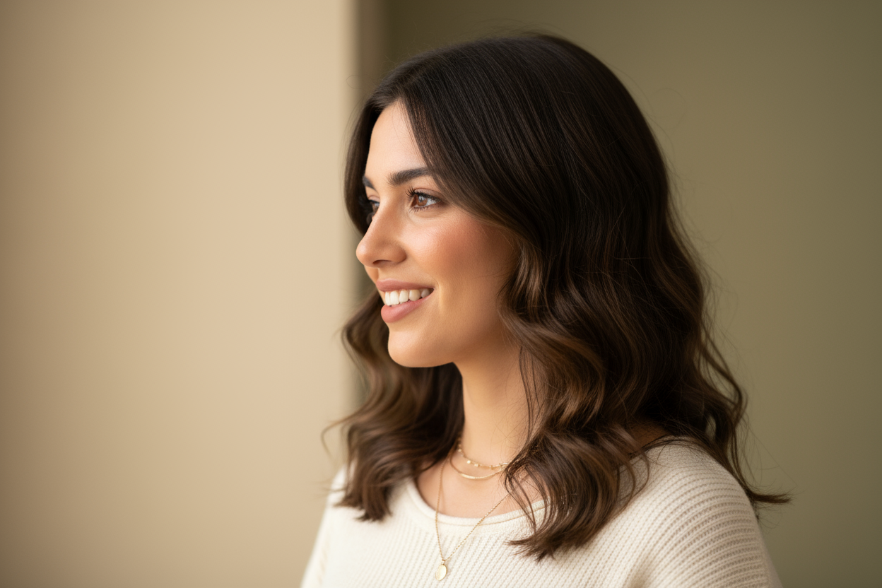 Generate a realistic profile avatar of a young Spanish woman named María. She looks friendly and confident, with medium-length dark brown hair and a natural smile. She is dressed casually in a stylish outfit, suitable for a fashion or lifestyle brand review. The background should be neutral or softly blurred to keep the focus on her face. The lighting should be soft and flattering, creating a warm and trustworthy appearance.