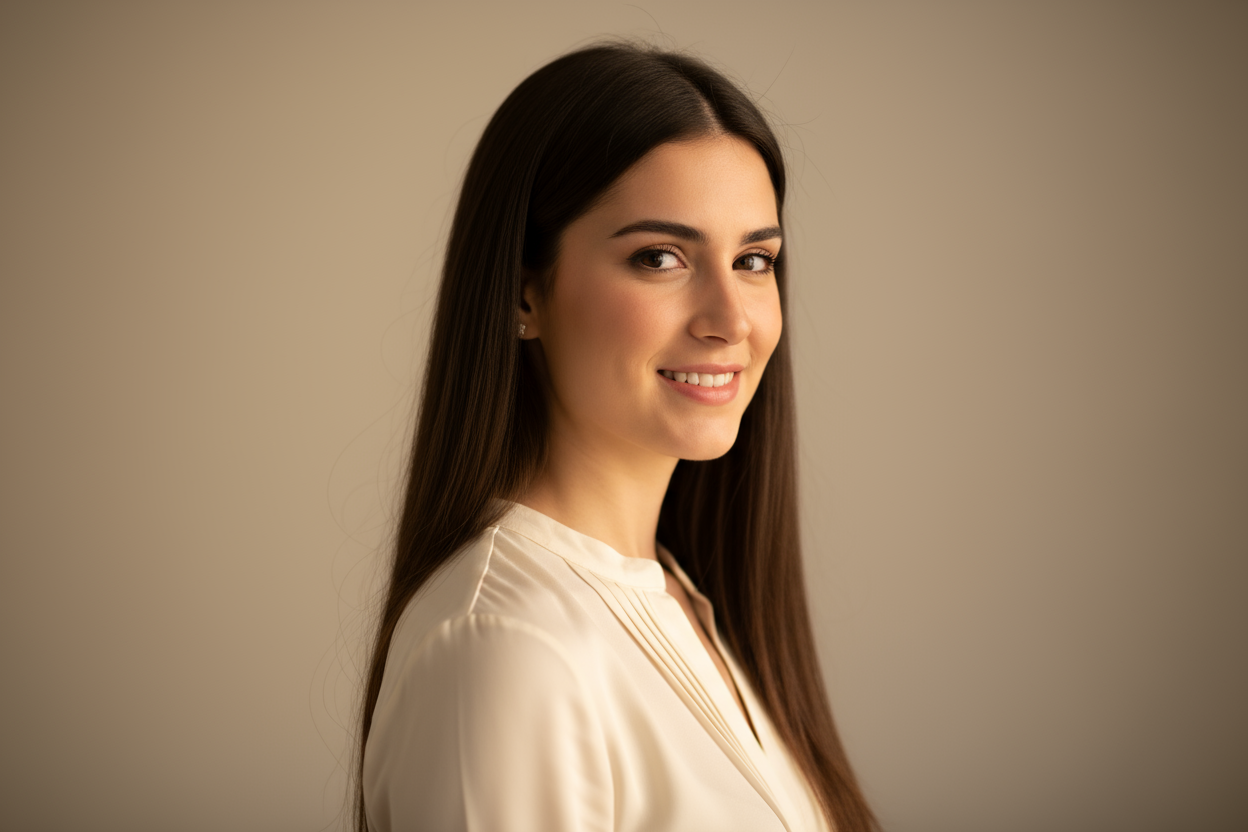 Generate a realistic profile avatar of a young Spanish woman named Noelia. She has long straight dark brown hair and a kind, confident smile. Her appearance should be natural and elegant, dressed in casual yet stylish clothing that reflects a modern fashion brand. The background should be softly blurred or neutral to highlight her face. Use warm, soft lighting to give a friendly and authentic look, suitable for a verified customer review.