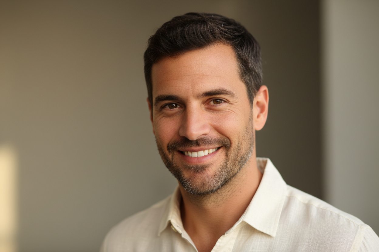 Ultra-realistic portrait of a Spanish man named Sergio, mid-30s, with a friendly and trustworthy expression. He has short dark brown hair, light beard stubble, warm tan skin, and expressive brown eyes. The lighting is soft and natural, giving a warm Mediterranean tone. He is casually dressed in a neutral-colored shirt, smiling slightly as if posing for a review profile photo. The background is softly blurred in neutral tones, resembling a professional yet approachable social media avatar.
Style: Photorealis