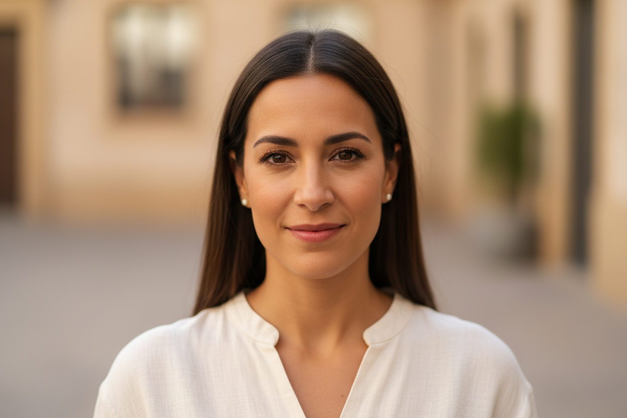 Ultra-realistic portrait of a Spanish woman named Ana, early 30s, with a gentle and approachable expression. She has straight dark brown hair parted in the middle, warm olive skin, and deep brown eyes that reflect kindness. She’s smiling naturally, wearing minimal natural makeup and a light beige or white blouse. The lighting is warm and soft, inspired by Mediterranean sunlight, creating a pleasant and authentic atmosphere. The background is softly blurred in warm neutral or sunlit outdoor tones, keeping fo