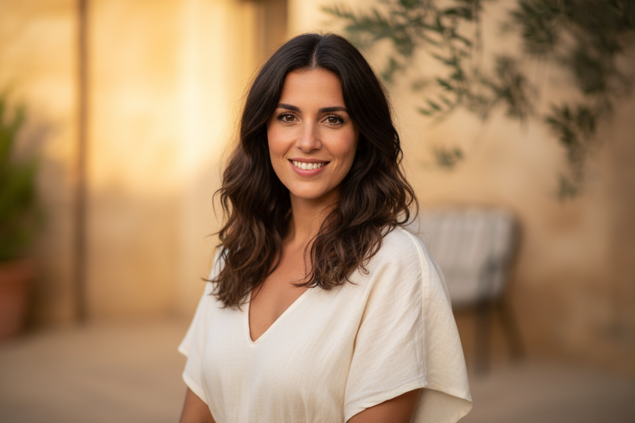 Ultra-realistic portrait of a Spanish woman named Gabriela, late 20s, with a warm and confident smile. She has medium-length wavy dark brown hair, warm olive-toned skin, and expressive brown eyes. The lighting is soft and golden, evoking the Mediterranean sun. She wears light natural makeup and a simple summer blouse or dress in neutral tones. The portrait should radiate warmth, authenticity, and friendliness, as if it’s a customer review profile photo. The background is softly blurred in warm beige or outd