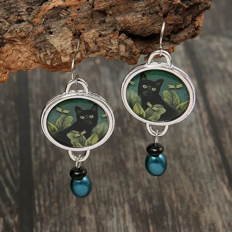 Solana | Pendientes Vintage Gato Tropical Negro