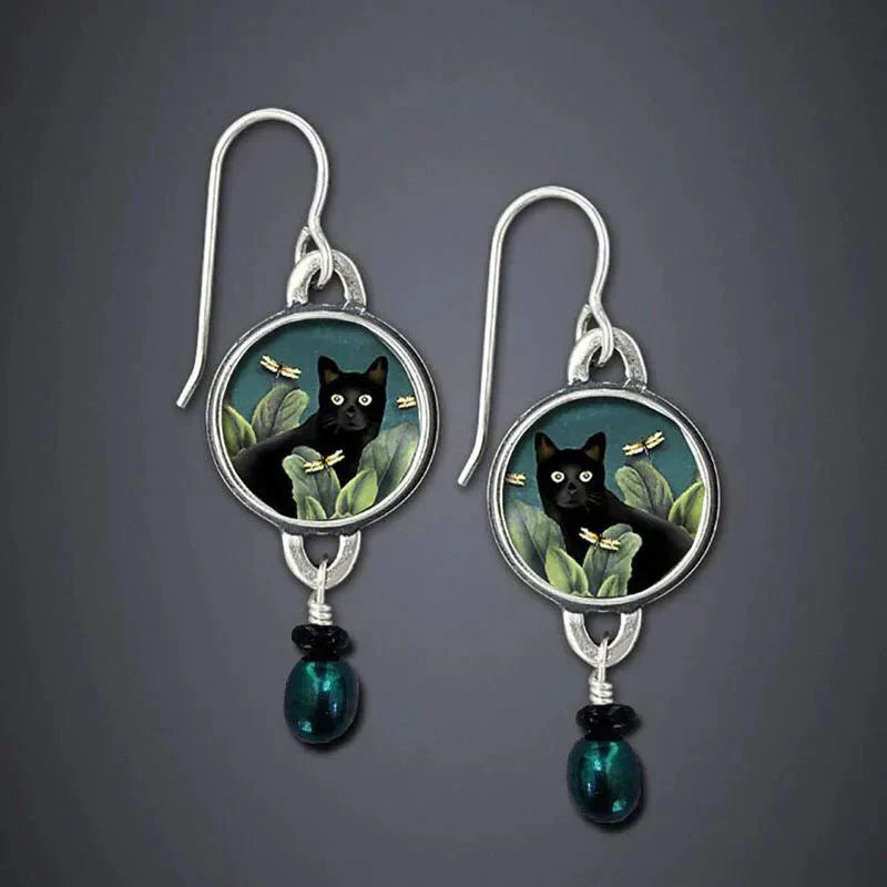 Solana | Pendientes Vintage Gato Tropical Negro